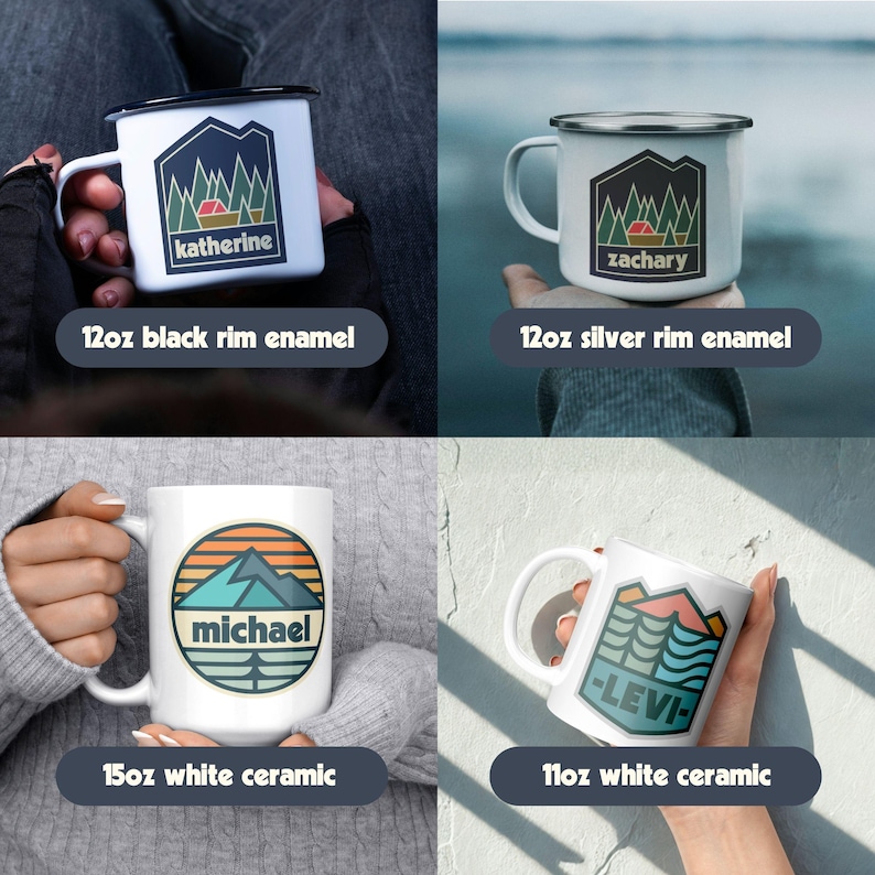 May include: Four mugs with different designs and names. The mugs are white with black or silver rims. One mug has a mountain and forest design with the name "Katherine". Another has a mountain design with "Zachary". The third has a mountain design with "Michael". The last has a mountain and water design with "Levi".