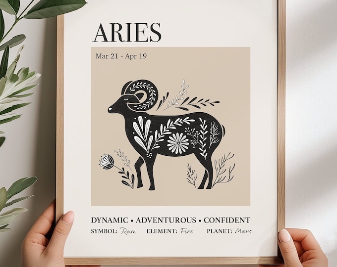 Aries Zodiac Poster, Aries Birthday, Boho Wall Decor, Aries Astrology Print, Personalize Zodiac Gift, Star Sign Poster, Zodiac Art, Unframed