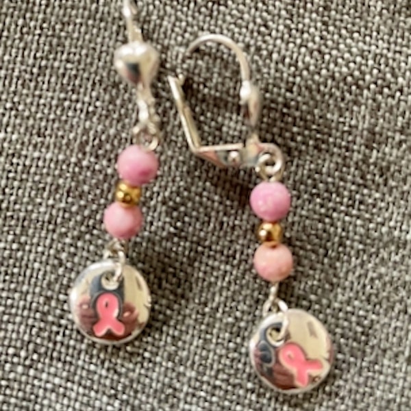 Pink Ribbon with Rhodonite and Silver Beads Earrings for Breast Cancer Awareness.  Profits donated to Susan G. Komen Foundation
