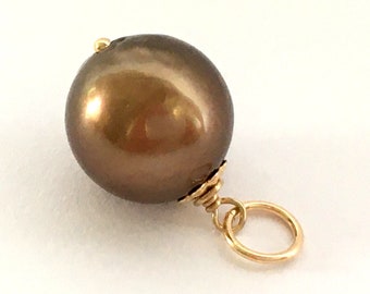 Tahiti Pearl & Gold Filled Pendant / AA+ 10mm Round Brown Tahitian Cultured Pearl / Chocolate Pearl / Jewelry Making DIY /  Necklace