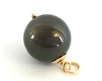 Tahiti Pearl & Gold Filled Pendant / AA+ 10,5mm Round Natural Black Tahitian Cultured Pearl / Dark Anthracite / Jewelry Making DIY / Chain