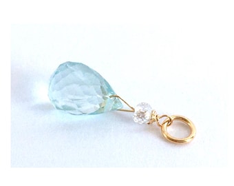 Diamond & Aquamarine Gold Filled Charm / 0,12ct / Faceted Diamond Tiny 2-2,5 mm / 8,5x1-5,5 mm Faceted Aquamarine Briolette Drop Pendant