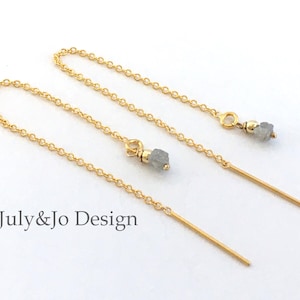 Pendientes de cadena con diamantes en bruto y oro laminado / 0,35 ct / Diamantes grises auténticos / Pequeños 2-2,75 mm / 80 mm de largo, con cierre de rosca