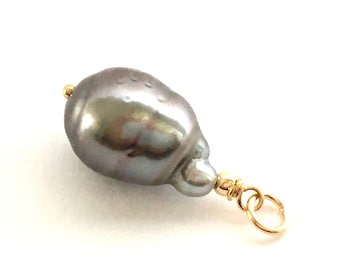 Tahiti Pearl & Gold Filled Pendant / AA 13,5x3-9mm Natural Gray Tahitian Cultured Pearl / Baroque Drop / Jewelry Making  DIY / Necklace