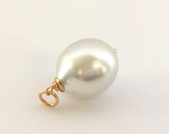 Tahiti Pearl & 14K Solid Gold Pendant / AAA 12,5x4-10 mm Natural White Tahitian Cultured Drop Pearl / 585 Gold / DIY / Necklace