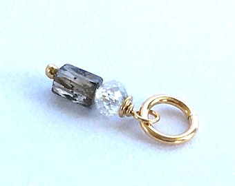 Genuine Diamonds & Gold Filled Charm / 0,35 ct / Tiny 2,75x2,25 mm Genuine Faceted Brown Tube and 2 mm White Faceted Diamonds / Chain Hoops
