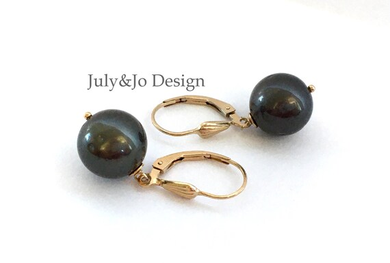 Boucles D'oreilles Créoles - Perles Noires De Coquillage Couleur Tahiti Plaqué Or