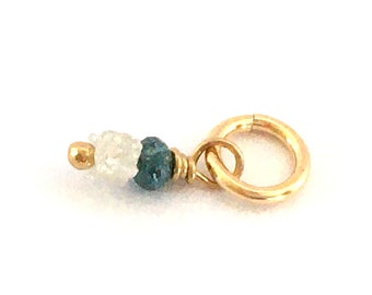 Genuine Diamonds & Gold Filled Charm / 0,10 ct /Tiny 1,75x1mm Genuine Faceted Green and 1,5 mm White Raw Diamond Cube / Jewelry Making DIY