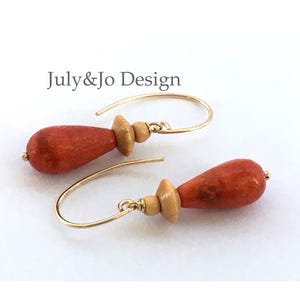 Sponge Coral & Wood Gold Filled Earrings / Natural Orange Sponge Coral Drops with Wooden Elements / Ear Wire Dangle Drop Earrings