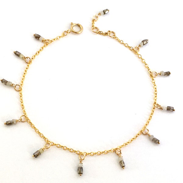 Diamonds & Gold Filled Charm Bracelet / 2,02 Ct Genuine Faceted Brown Diamond Tubes and Raw White Diamond Cubes / Cable Chain Charm Bracelet