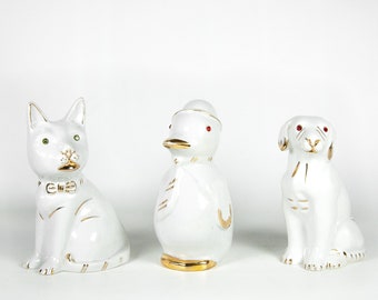 Vintage porcelain animals, animals set of 3, animal statue, dog, cat, penguin, decorative animals, collection, showcase, decoration