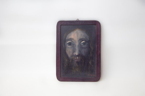 tableau mural portrait jésus, peinture sur ardoise, tableau signé, tableau religieux, christ, religious frame, 70's