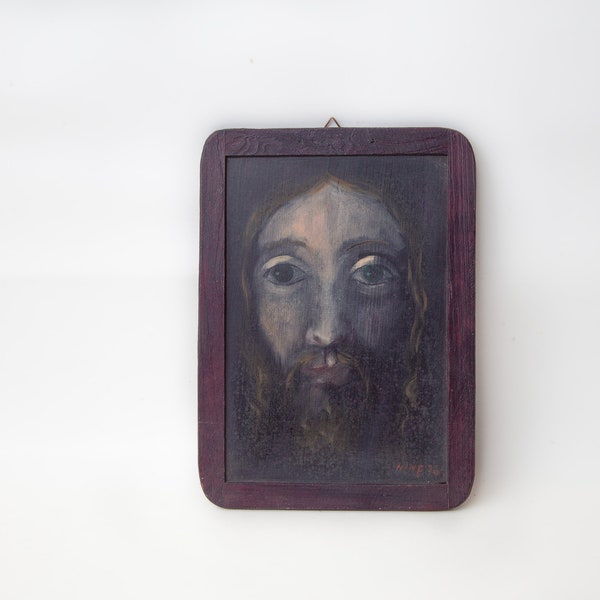tableau mural portrait jésus, peinture sur ardoise, tableau signé, tableau religieux, christ, religious frame, 70's