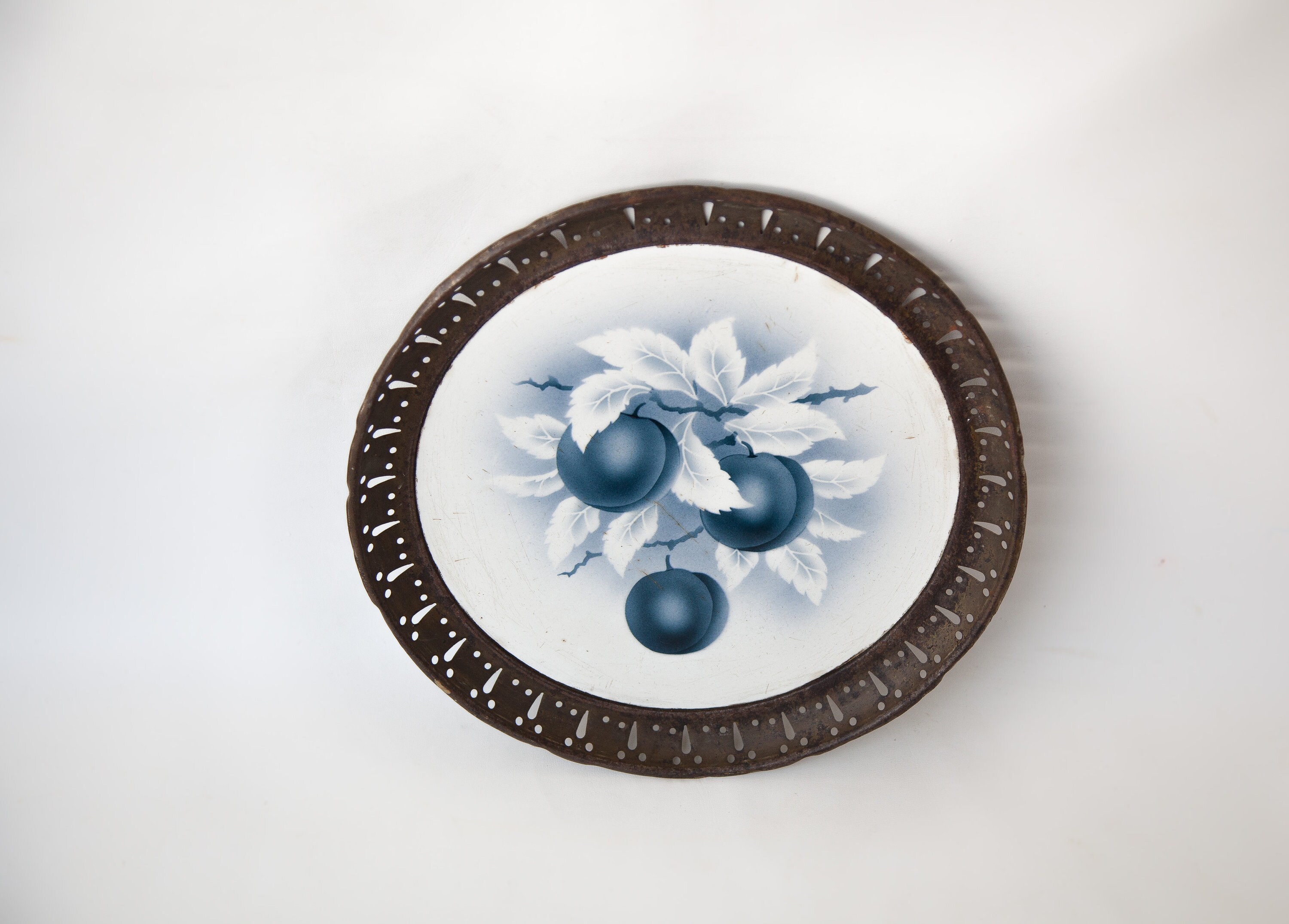 Plat Vintage, Plat Céramique, Plateau Céramique et Métal, Plaque Motif Fruit, Décoration Intérieur, 