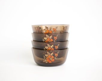 vintage bowl X 4, dessert bowl, dessert cups, smoked glass dessert cup, orange flower decor, individual dish, ramekin, dessert cup