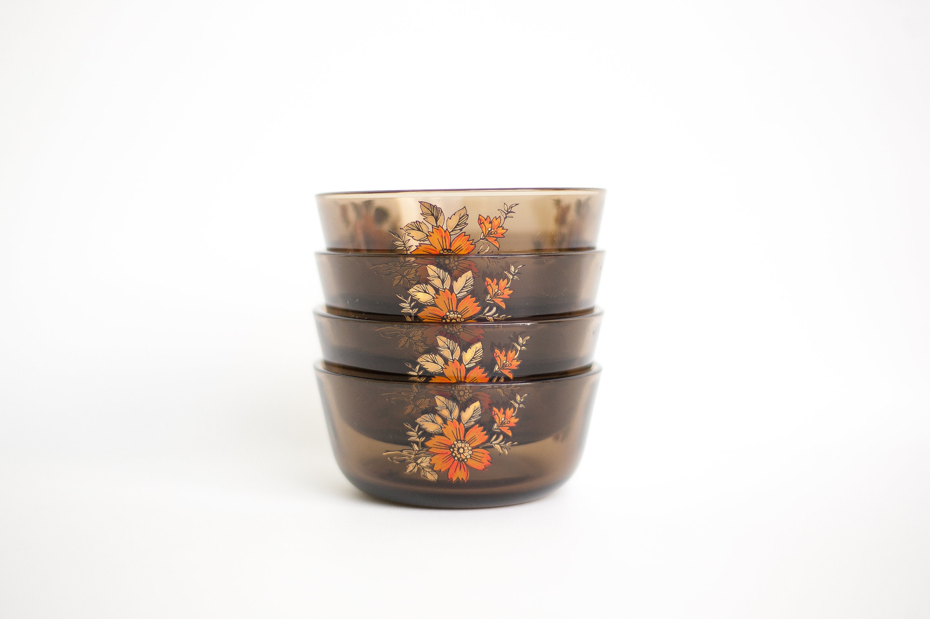 Bol Vintage X 4 , Bol Dessert, Coupelles Coupe à Verre Fumé, Decor Fleurs Orange, Individuel Plat, R