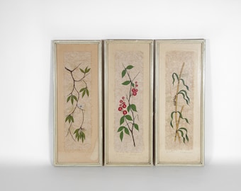 vintage triptych painting, work on Japanese paper, oriental naturalist, Japanese flower, decorative panel, mural, triptych flower