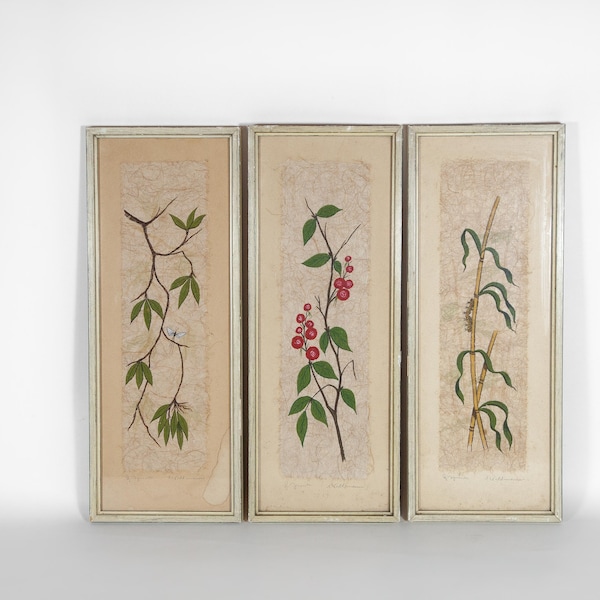 tableau vintage, triptyque vintage, oeuvre sur papier japon, naturaliste oriental, fleur japon, panneau décoratif, murale, triptych flower