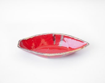 Coupelle céramique moderniste rouge vintage, poterie signé, vide poche, moderniste, barque, coupelle rouge, pottery, 60's