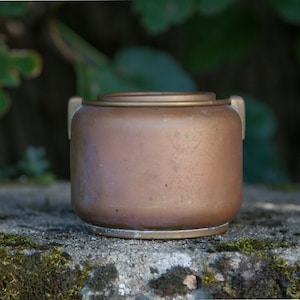 Op de afbeelding: Een kleine, ronde koperen container met een deksel en twee kleine handvatten. De container heeft een licht verouderd uiterlijk, met een patina die hem een vintage look geeft. De achtergrond is wazig, met groen gebladerte.