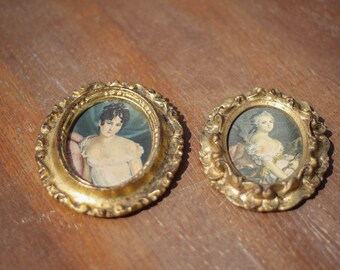 Pair of vintage gilded wood frames, small Florentine style wall frame, framed in silk fabric, decoration, boudoir, wall frame