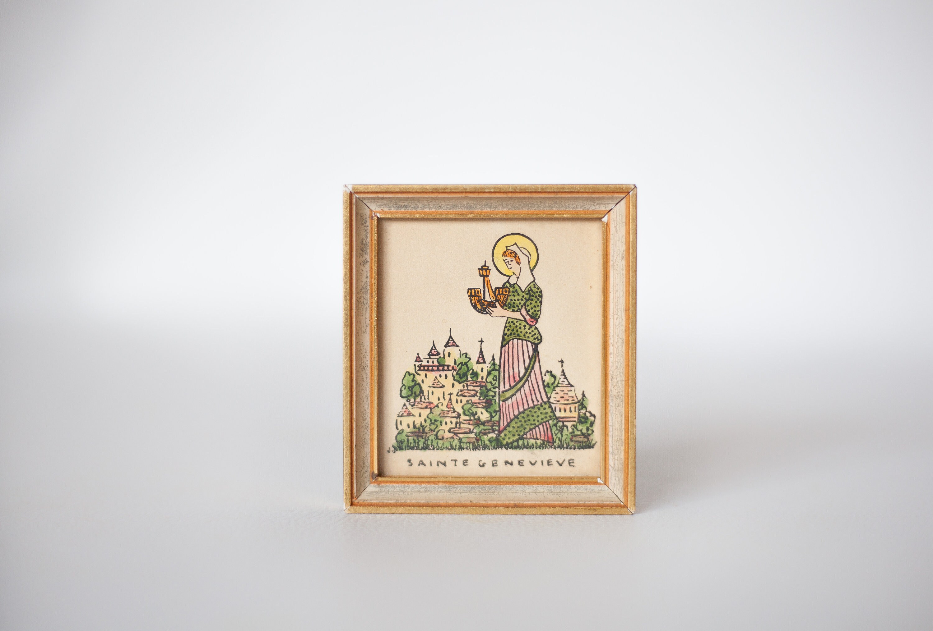 Cadre Vintage, Sainte Geneviève, Petit Cadre Carré, Miniature , Cadre Mural, Religieux, Photo, Décor