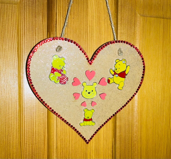 Winnie The Pooh Handmade Wooden Mini Heart Plaque Christmas Decoration /Bag Tag 