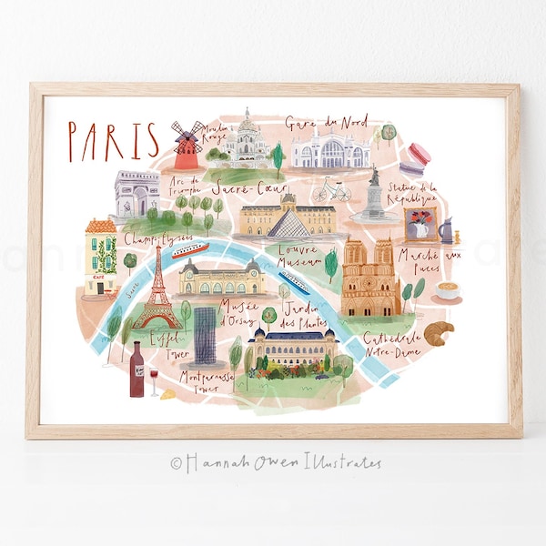Carte de Paris | Carte illustrée de l'| de Paris Plan de la ville de Paris | Aquarelle Paris carte | Carte de France | | d’art mural parisien Paris cadeau |personnalisé paris
