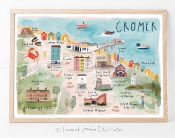 Cromer Map | Illustrated map of Cromer | North Norfolk map | Watercolour cromer map | norfolk print | wall art | norfolk gift | world map