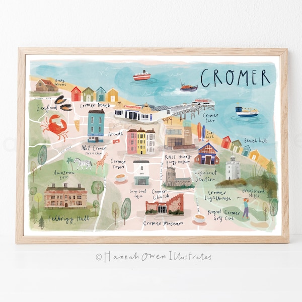 Cromer Map | Illustrated map of Cromer | North Norfolk map | Watercolour cromer map | norfolk print | wall art | norfolk gift | world map