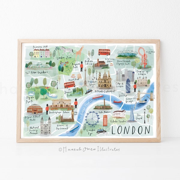 Carte de Londres | Carte illustrée de Londres | Plan de la ville de Londres | Carte aquarelle de Londres | Impression de Londres | Art mural de Londres | Cadeau de Londres | carte du monde