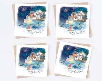 Multipack Cornwall Christmas card | Watercolour Christmas scene | Cornwall Christmas gift | Illustrated Cornwall card |Cornwall winter scene