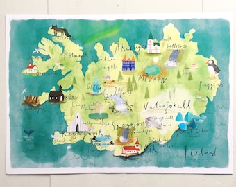 Illustrated map of Iceland / A4/A3/A2 Print / Watercolour print / Wall art / Home decor / Iceland gift / Illustrated map / Home decor