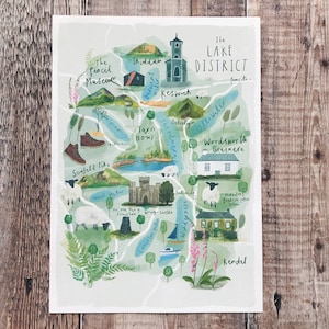 Lake District Illustrated Map Watercolour Lake District Map Cumbria Map ...
