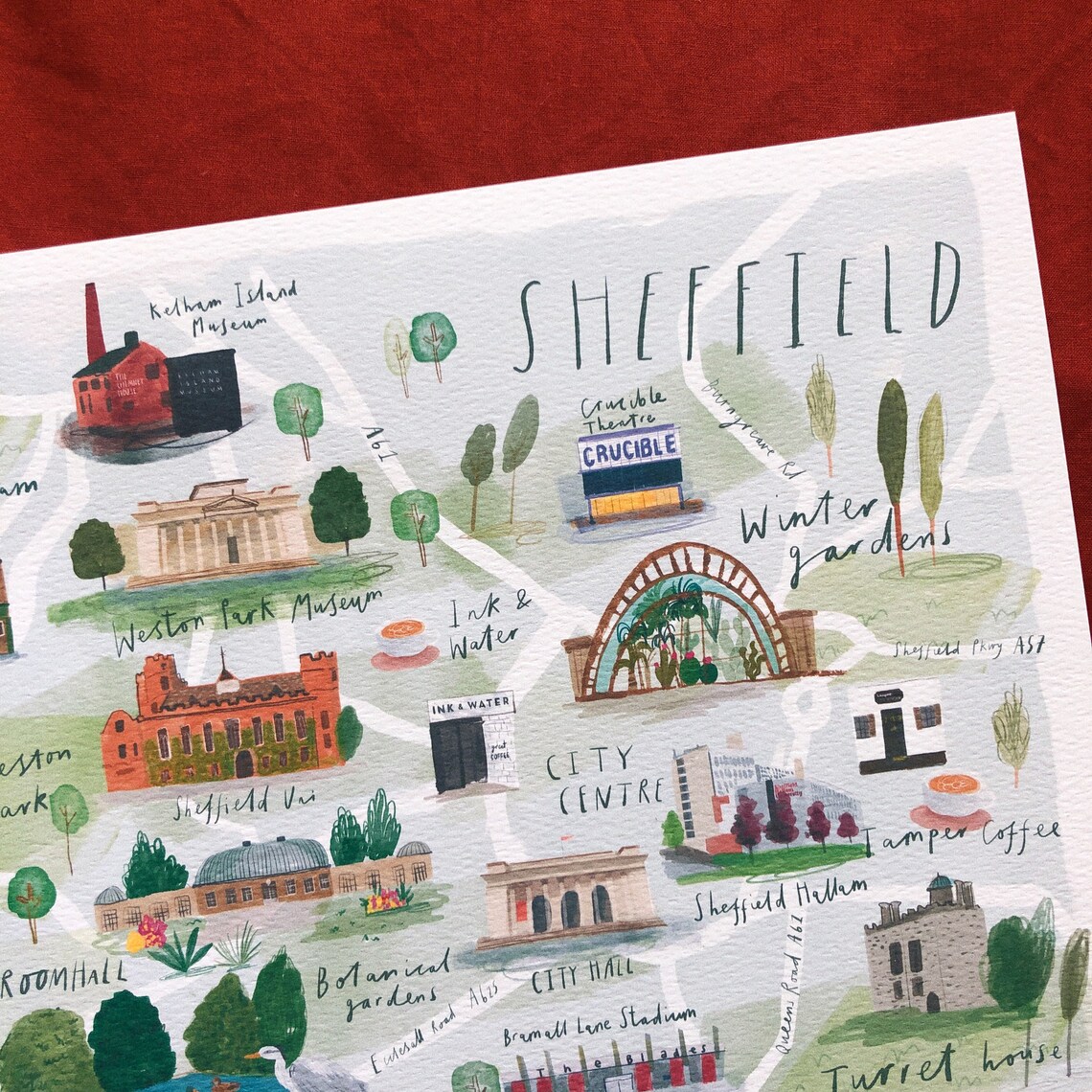 Illustrated watercolour map of Sheffield / A4/A3/A2 Print / Etsy