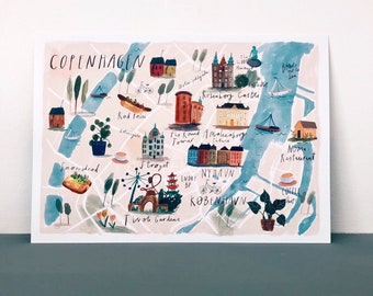 Illustrated map of Copenhagen / Map of Copenhagen / Watercolour map / Home decor / World map/ Copehagen gift / Denmark map / Illustrated map