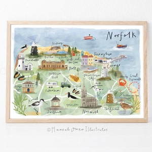 Map of Norfolk | North Norfolk map | Illustrated map of Norfolk | Norfolk gift | Watercolour map gift | Illustrated UK map | Norwich map |