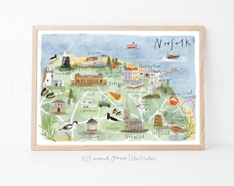 Map of Norfolk | North Norfolk map | Illustrated map of Norfolk | Norfolk gift | Watercolour map gift | Illustrated UK map | Norwich map |