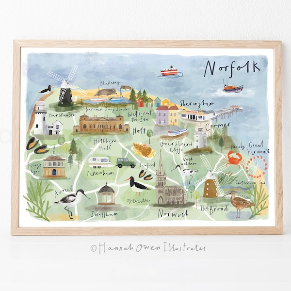 Map of Norfolk | North Norfolk map | Illustrated map of Norfolk | Norfolk gift | Watercolour map gift | Illustrated UK map | Norwich map |