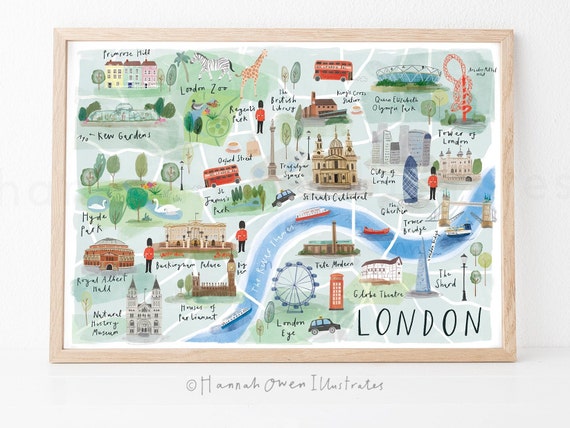 Carte de Londres | Carte illustrée de Londres | Plan de la ville de Londres  | Carte aquarelle de Londres | Impression de Londres | Art mural de