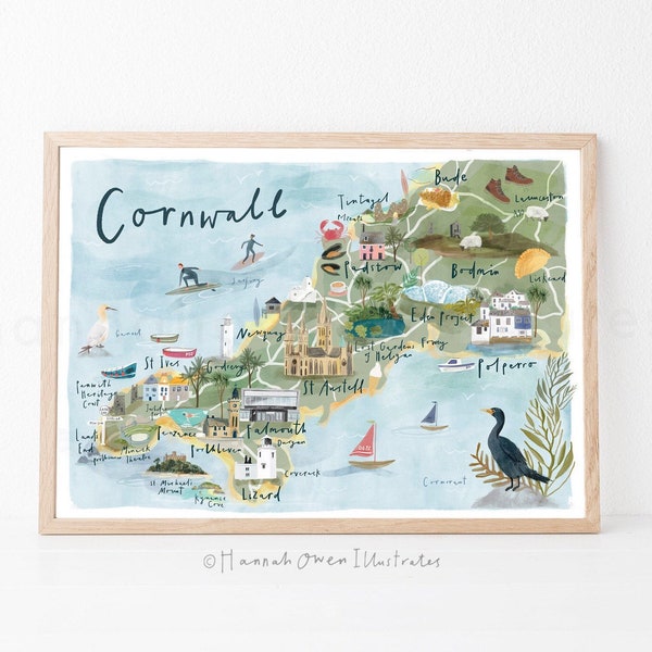 Map of Cornwall | Cornwall map | Illustrated map of Cornwall | Cornwall gift | Watercolour map gift | Illustrated UK map | UK map |