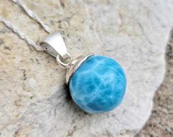 Natural Larimar Sphere Crystal Necklace in 925 Sterling Silver, Womens Jewelry, Blue Gemstone Pendant, Larimar, Gifts For Her, Crystal Ball