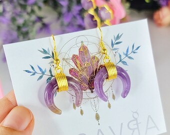 Purple Amethyst Moon Earrings, Gold Jewelry, Gift For Her, Crystal Earrings, Genuine Gemstone, Witchy Gift, Crystal Lover, Unique Gift