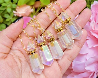 Essential Oil And Perfume Miniature Quartz Bottle Necklace, Angel Aura Quartz Carved Crystal, Witchy Pagan Jewelry, Quartz Crystal Pendant
