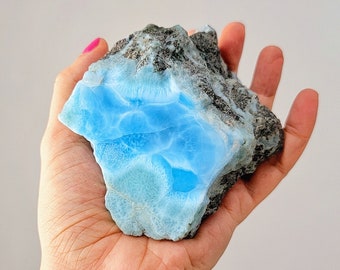823g Big Large Larimar Stone On Matrix, Super Blue Color Gemstone From Dominican Republic, Mineral Specimen For Collectors, AAA Crystals