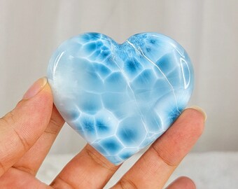 71g Large Translucent Larimar Heart Palmstone, Authentic High Quality Gemstone From Dominican Republic, Aquamarine Blue W/ Ocean Pattern