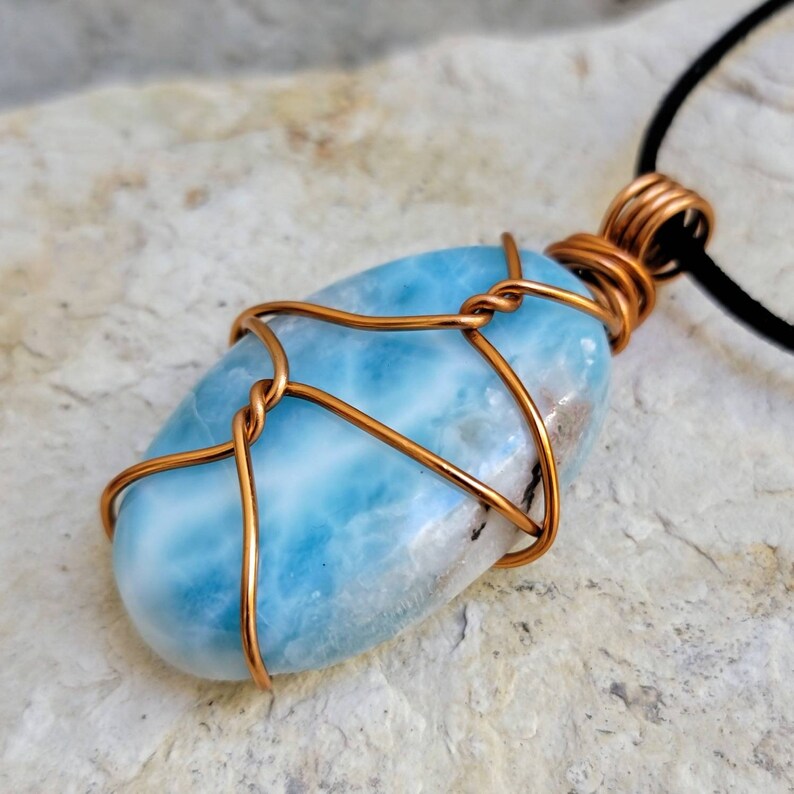 A Grade Large Larimar Necklace Pendant, Wire shops Wrapped Crystal Necklace, Aquamatine Color Gemstone Jewelry, Natural Dominican Republic Stone