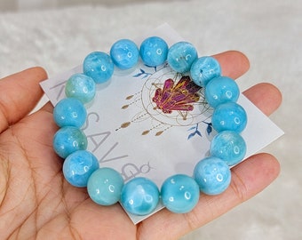 GENUINE High Quality Larimar Stone Bracelet, Deep Teal & Aqua Color, Blue Gemstone Jewelry, Strech Beaded Wrist Mala, Unique Gift For Her