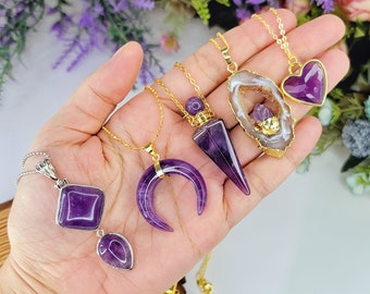 YOU PICK - Amethyst Crystal Necklace, Purple And Gold Jewelry, Stress Relief & Reiki Jewelry, Faerie Pendant, Cottagecore Accessories