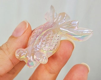18g Angel Aura Rose Quartz Koi Fish, Handcrafted Carved Crystal, Titanium Coated Gemstone, Animal Carving, Minerals And Stones